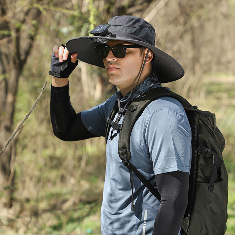 Outdoor Wide Brim Sun Hat with 2 Solar Fans Fans