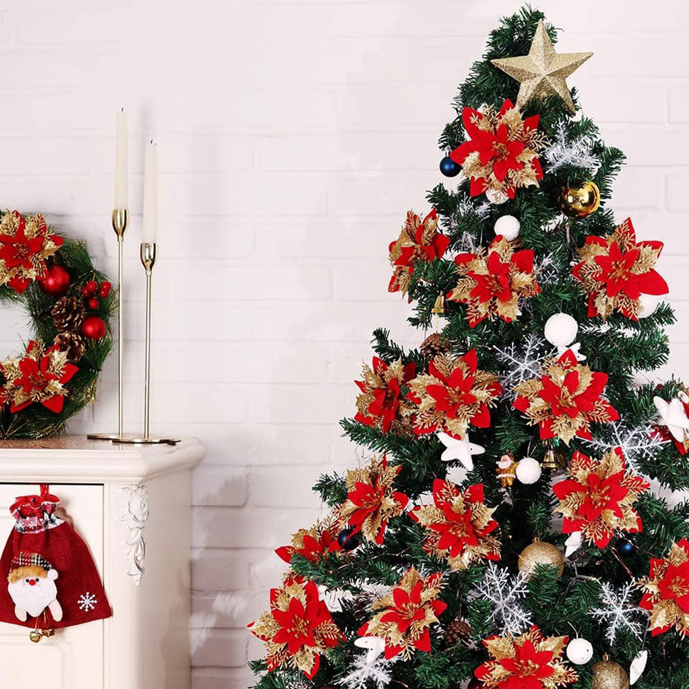 12Pcs Christmas Glitter Poinsettia Artificial Flower with Clip and Stem