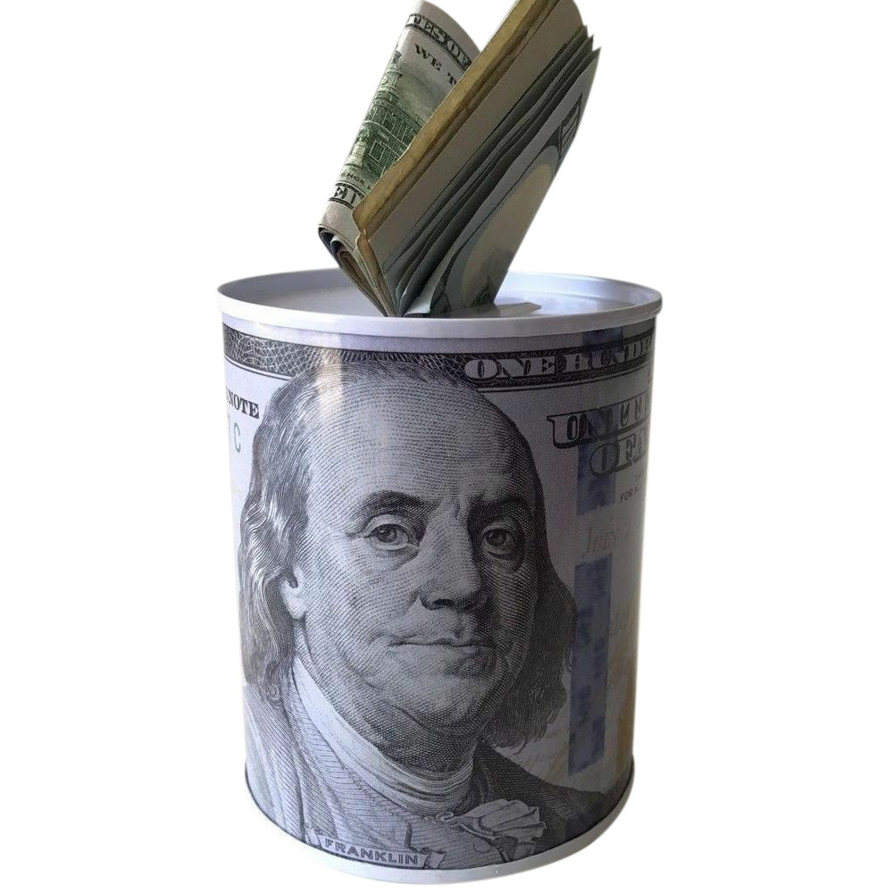 2 Pack Metal Money Saving Banks Benjamin Franklin 100 Dollar Bill Tin Design