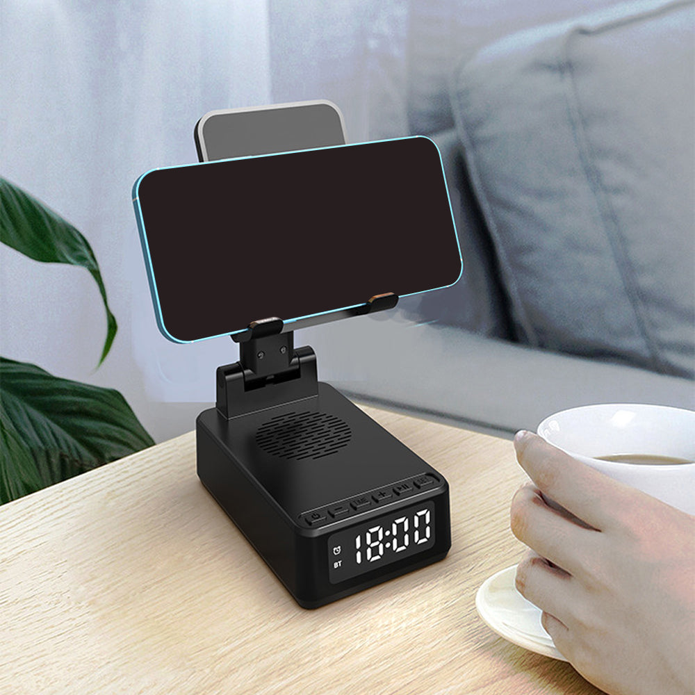 4-in-1 USB Plug Wireless Phone Charger with Bluetooth Speaker and Alarm Clock