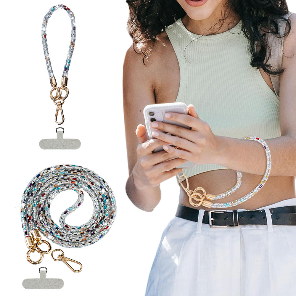 Rhinestone Crossbody Phone Lanyard with Wrist Strap and Locking Clips