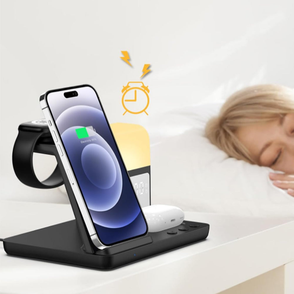 6-in-1 Wireless Charger with Alarm Clock and Night Light for Smartphone/Watch/Earbuds