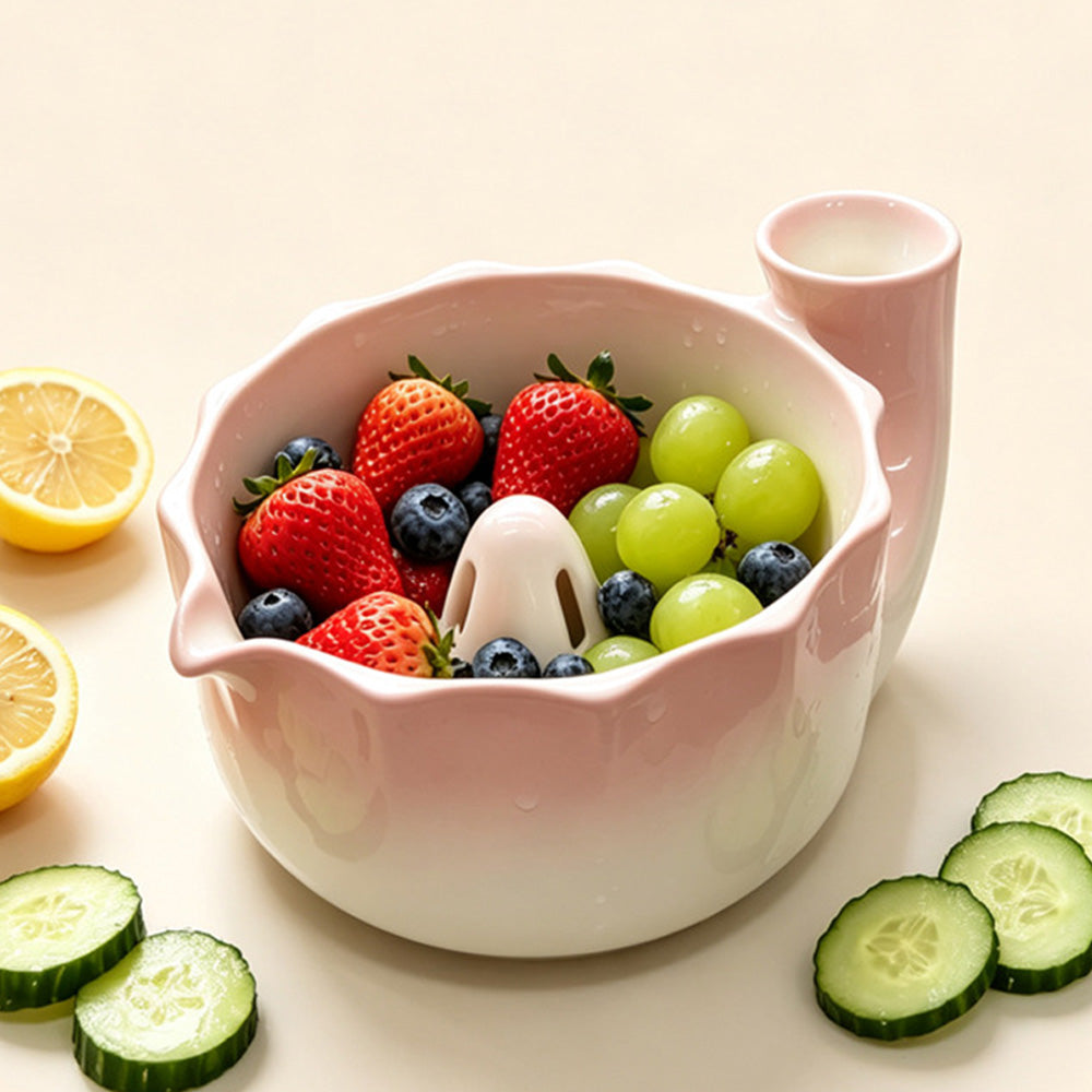 Self-Spinning Ceramic Berry Washing Bowl Set with Drain Holes and 2 Fruit Forks for Cleaning Berries