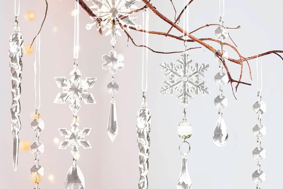 18Pcs Hanging Acrylic Christmas Snowflake Icicle Drop Ornaments for Xmas Tree