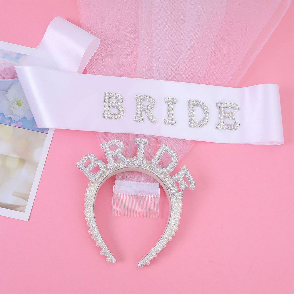 Bride Accessory Set with Veil Sash and Headband for Bachelorette Party Bridal Shower