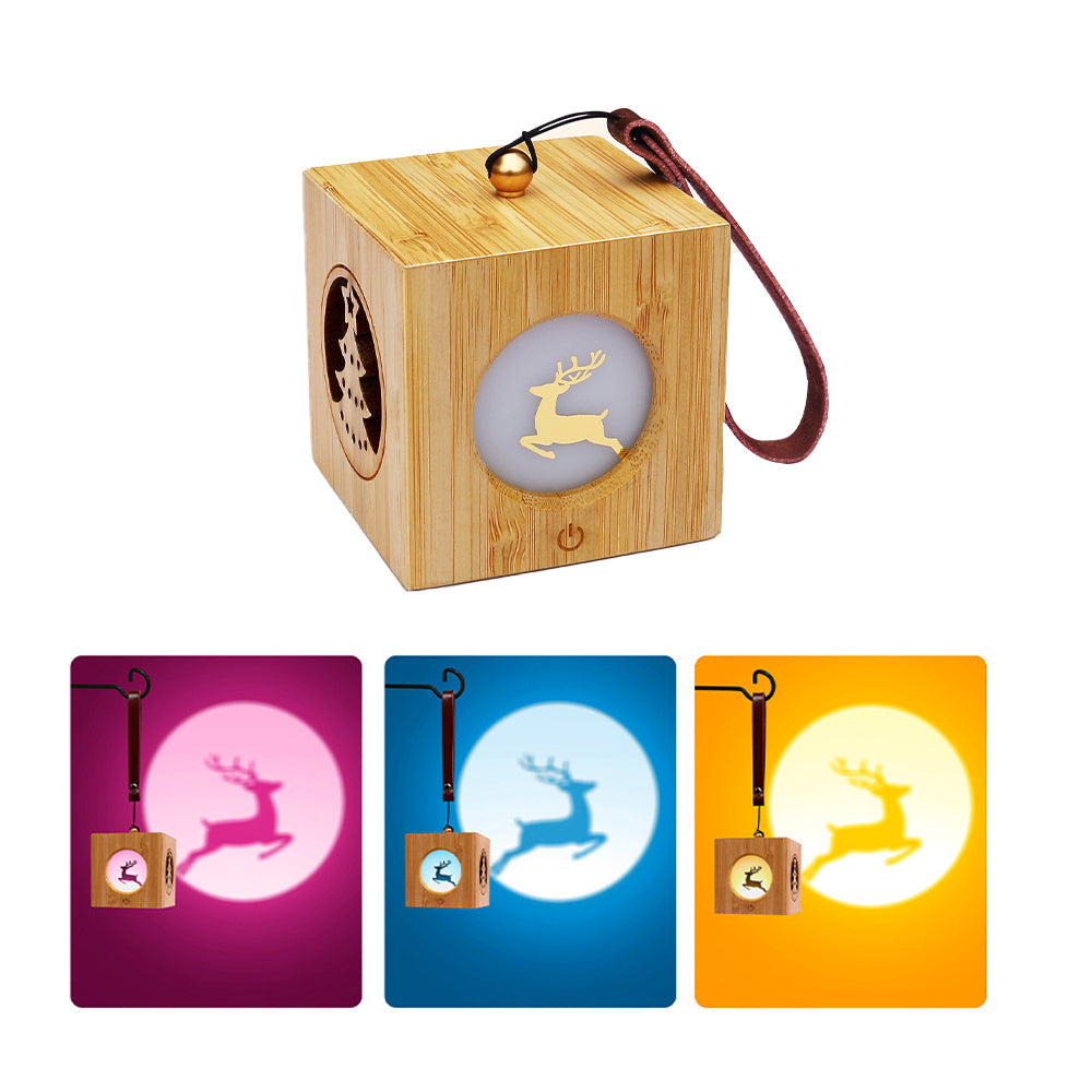 Christmas Party Atmosphere Projector Night Lamp Wood Cube Night Light-Elk