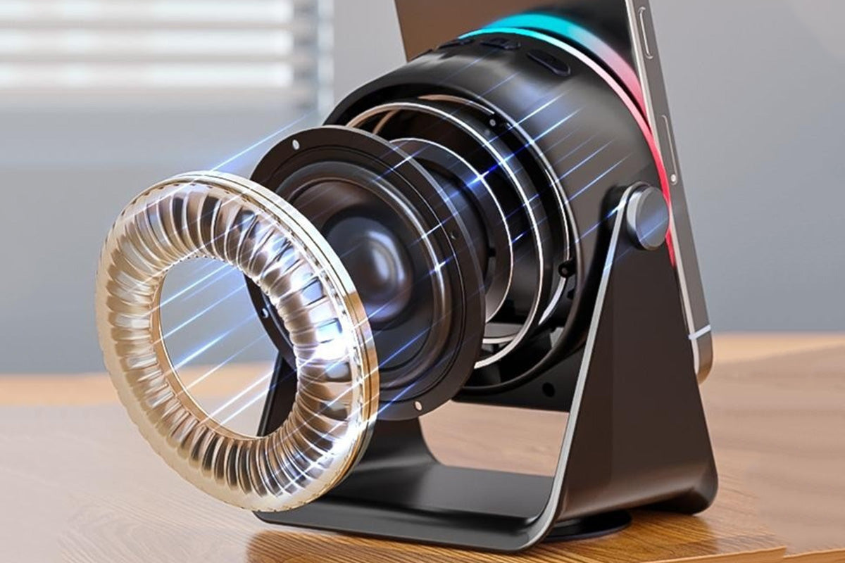 4 in 1 Wireless Induction Speaker Bluetooth Speaker with 360 Adjustable Phone Holder