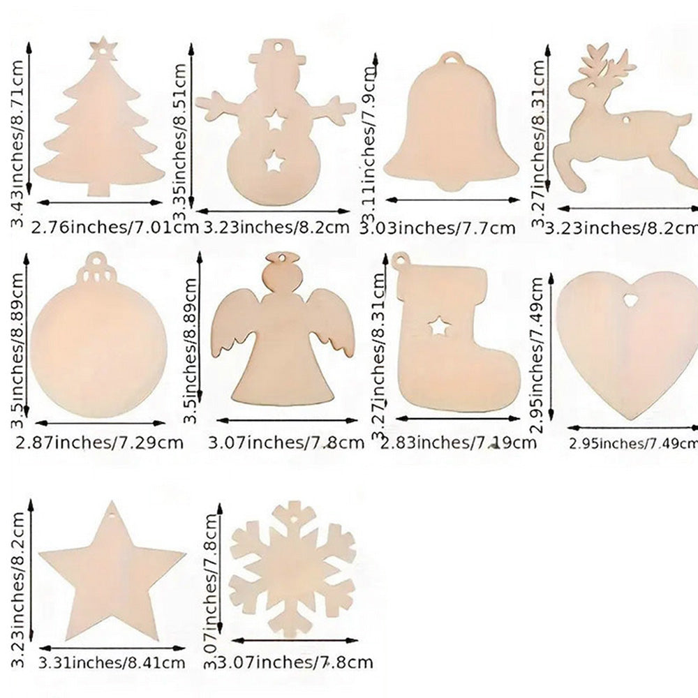 100Pcs Wooden Christmas Tree Decorations Assorted Blank Shapes for Painting