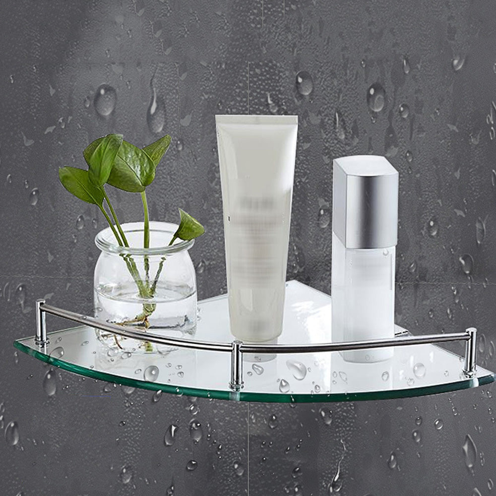 2XGlass Corner Bathroom Shelf with Stainless Steel Guard Rail