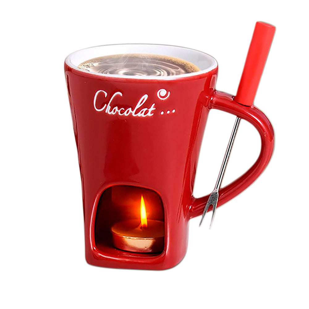 Fondue Mug Set Porcelain Chocolate Melting Cup with Fork