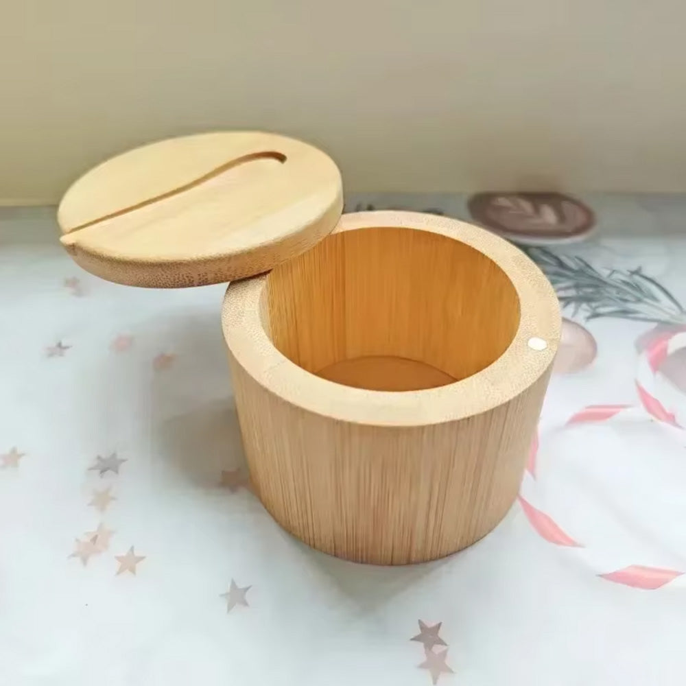 Kitchen Bamboo Salt Cellar with Swivel Lid  for Salt Pepper Sugar Herbs Spice with Spoon
