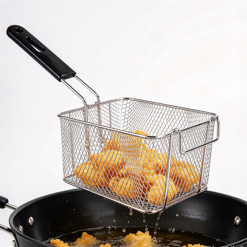 Stainless Steel Deep Fryer Basket with Removable Handle and Hanging Design