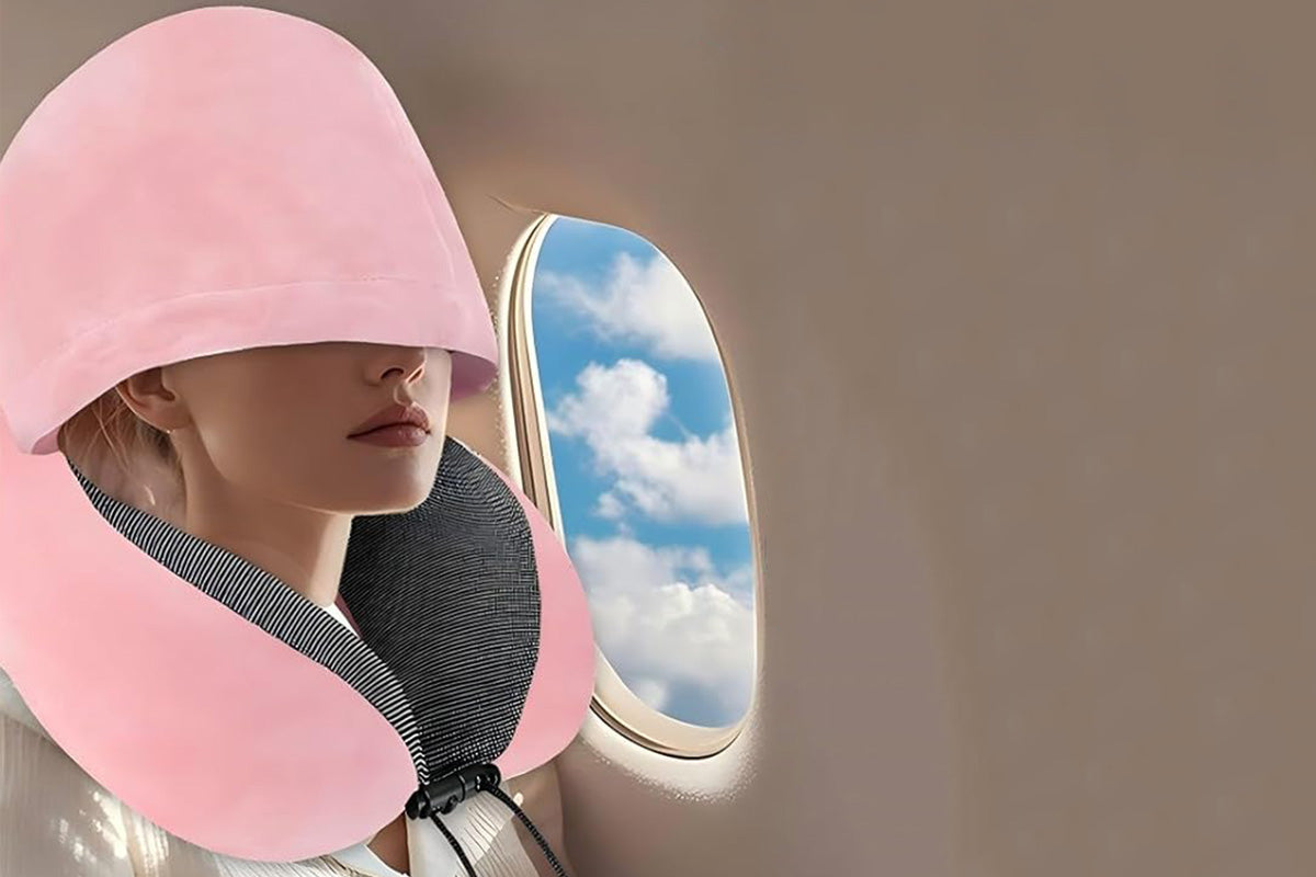 Hooded Travel Pillow with 3D Eye Masks Memory Foam Neck Pillow for Airplane Sleeping