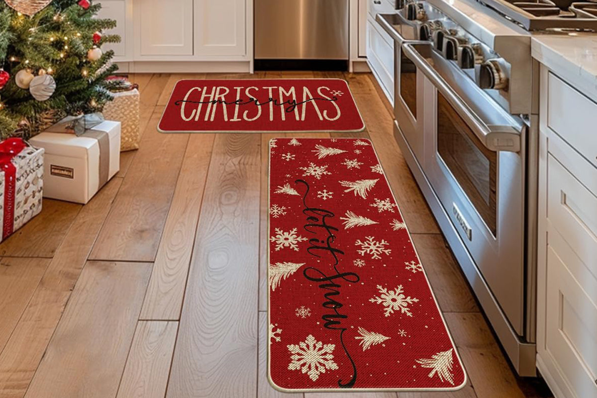 2Pcs Christmas Kitchen Rugs Merry Christmas Print Mats Home Kitchen Decor
