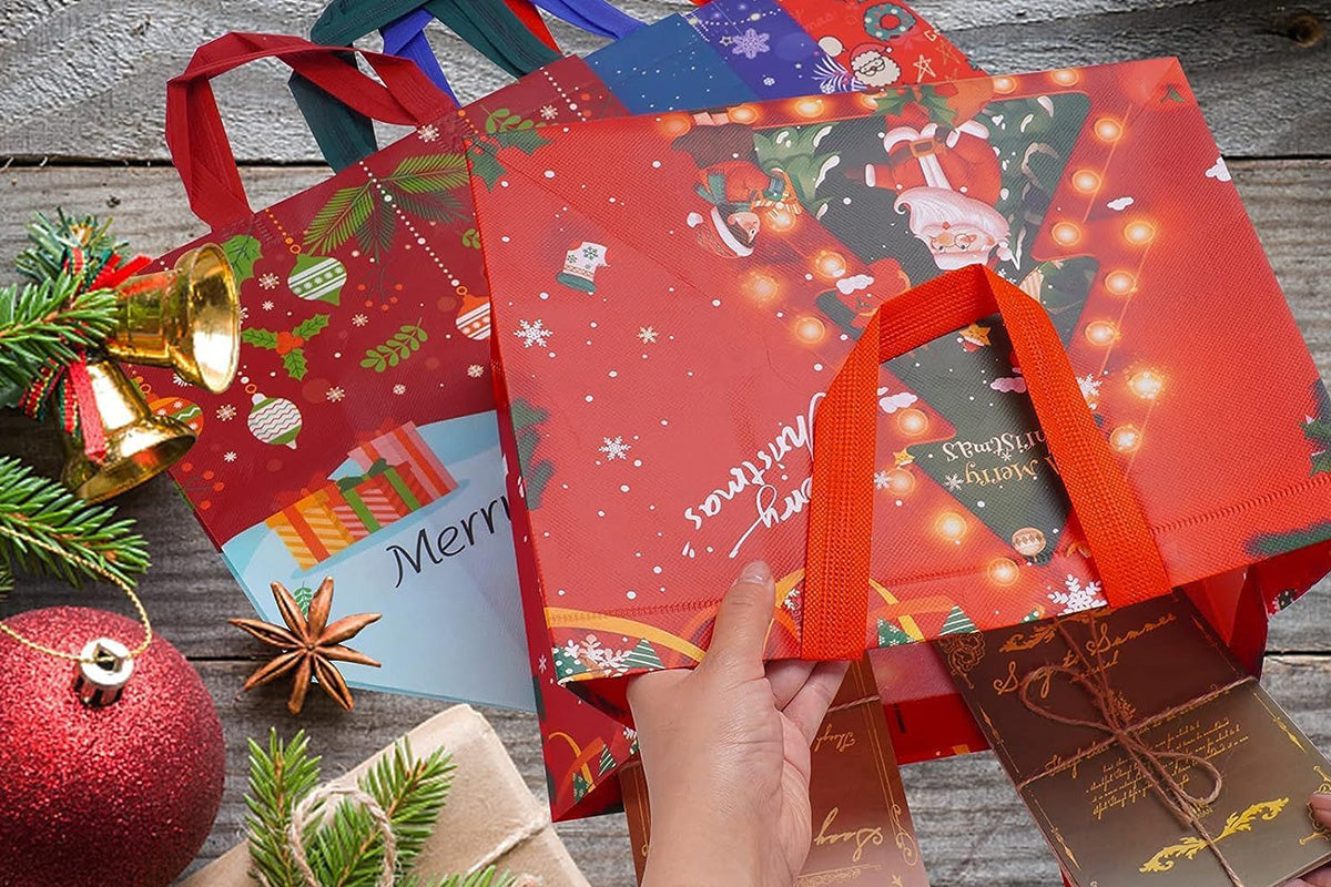12PCS Christmas Gift Bags Large Reusable Christmas Tote Bags For New Year Party Supplies