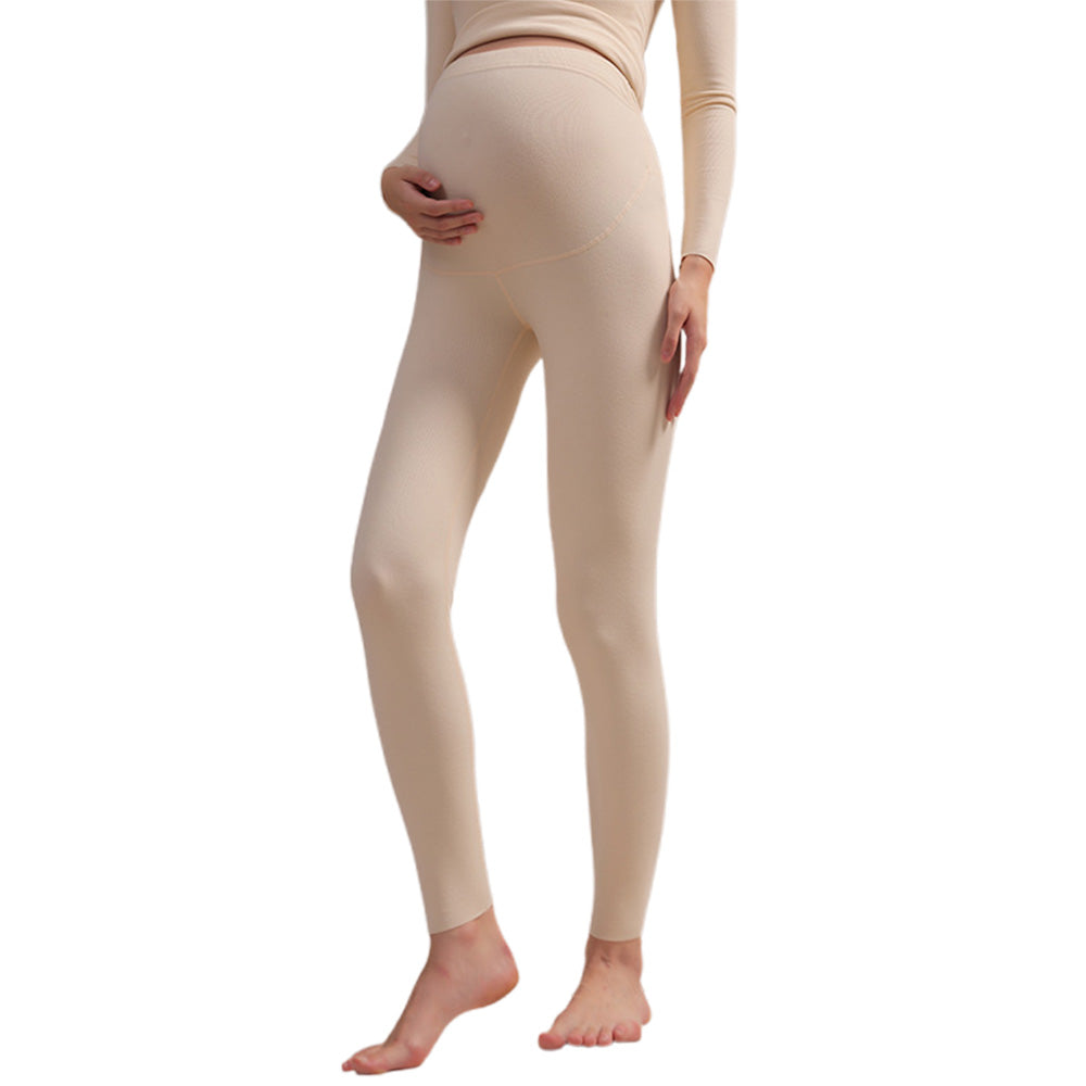 Maternity Leggings Pregnancy High Waist Warm Thermal Pants with Adjustable Belly Band-Beige