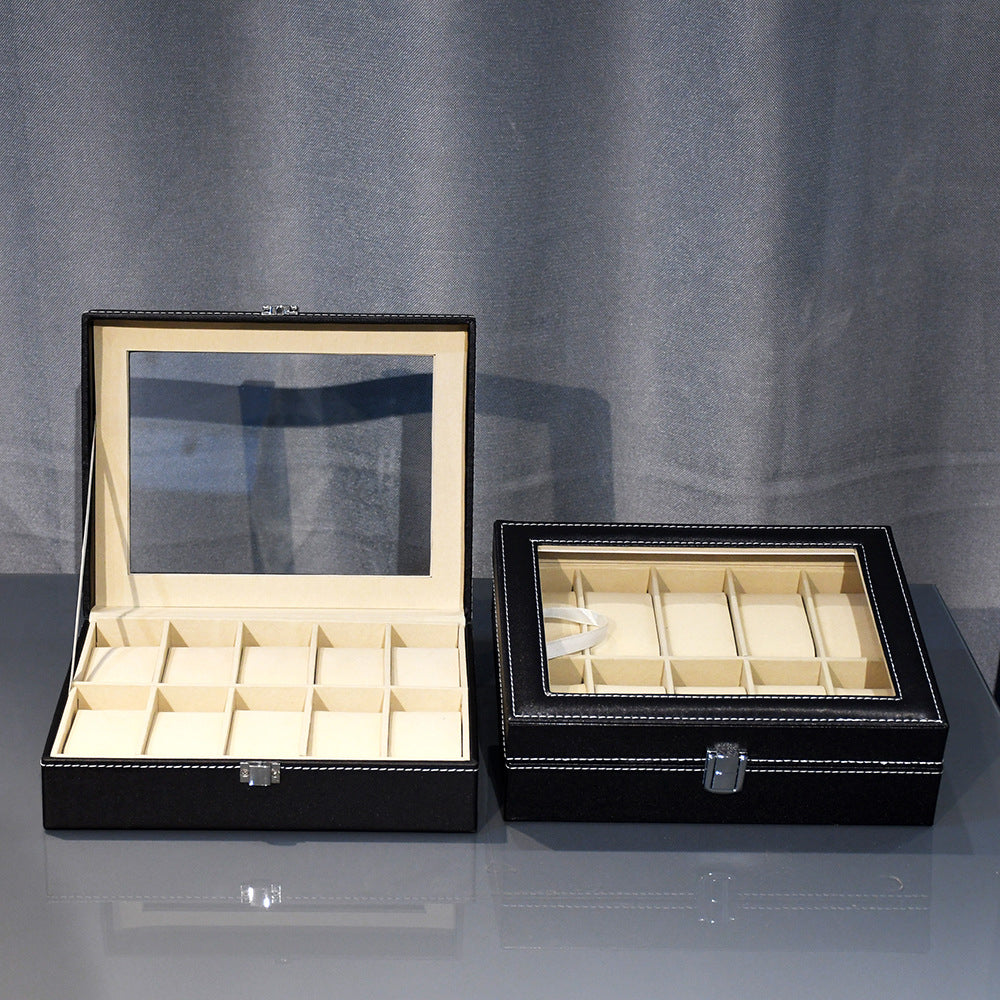 6/10/12 Grids PU Leather Watch Box Organizer Display Case with Lock