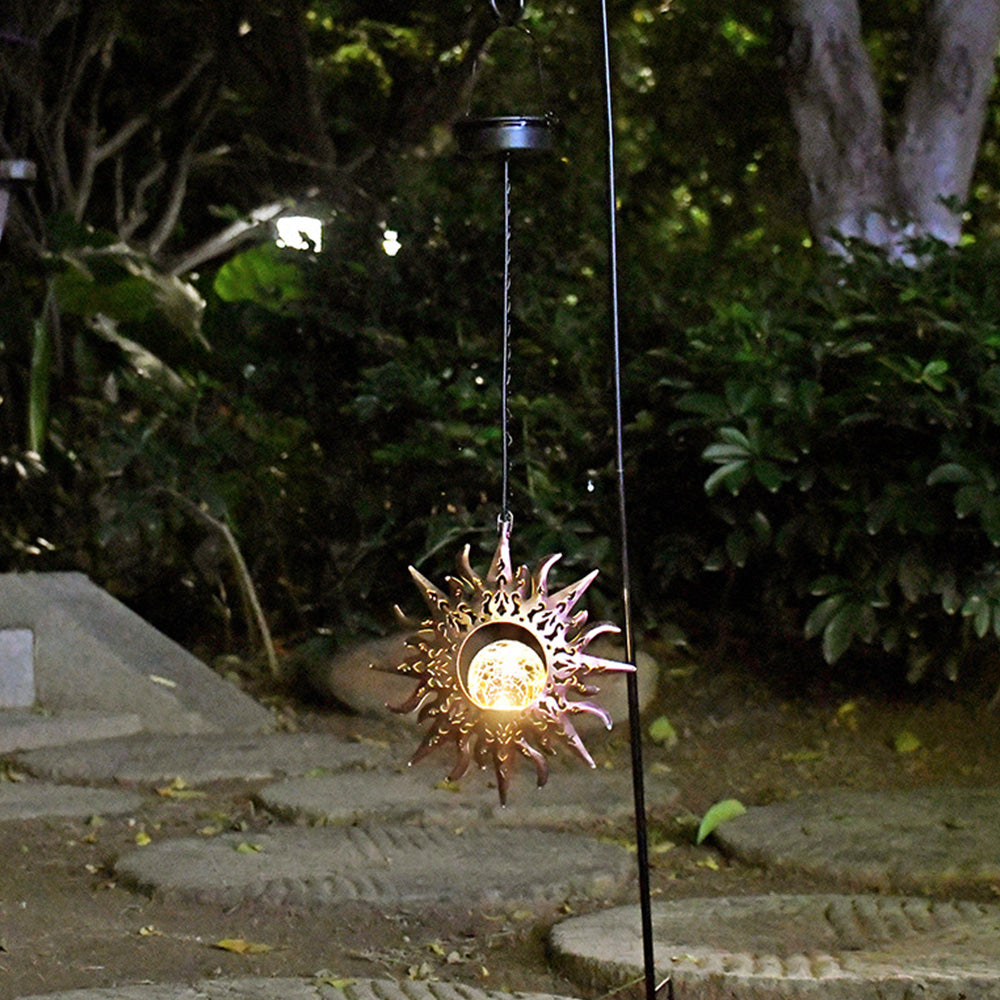 Hanging Solar Lights Outdoor Sun Moon Cracked Glass Lantern for Garden Patio Decor