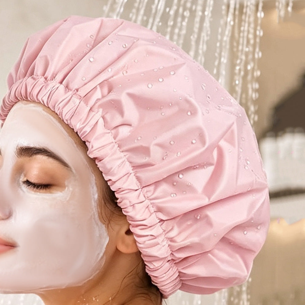 Reusable Water-Resistant Double-Layer Polyester and Satin Shower Cap for Women