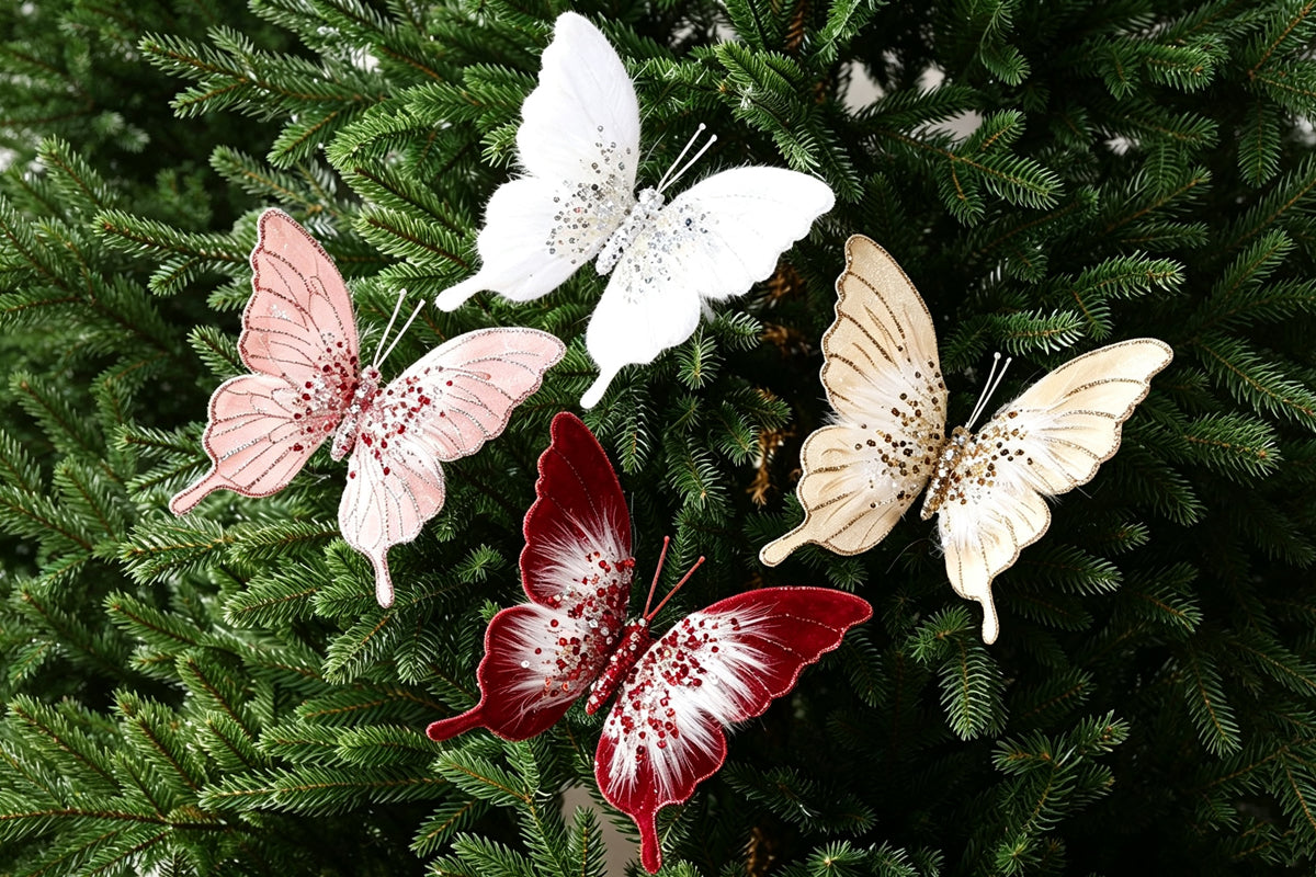 8pcs 3D Fabric Butterfly Clip Ornaments Sequins Glitter Trim Butterfly Clips Decor for Christmas Tree