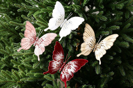 8pcs 3D Fabric Butterfly Clip Ornaments Sequins Glitter Trim Butterfly Clips Decor for Christmas Tree
