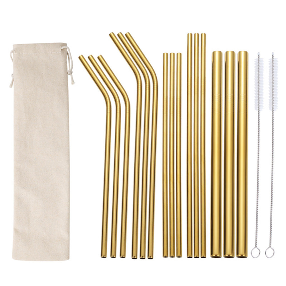 17Pcs Reusable Stainless Steel Straws Set with Cleaning Brushes and Pouch