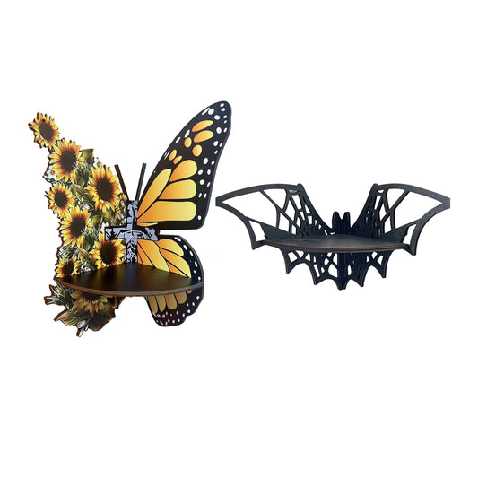 2Pcs Wooden Wall Corner Shelf-Butterfly and Bat