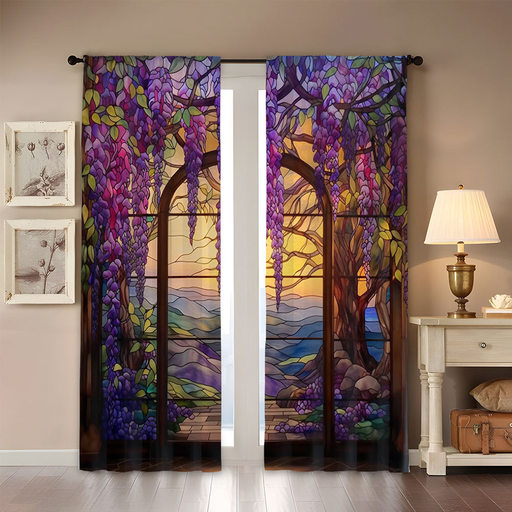 2Pcs Stained Glass Flower Wisteria Printed Curtain for Home Decor