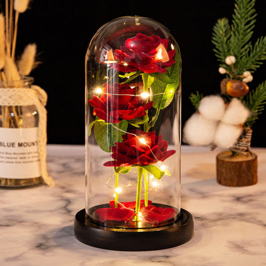Three Rose in Glass Dome Eternal Flower LED Valentine's Day Wedding Decor with LED Light