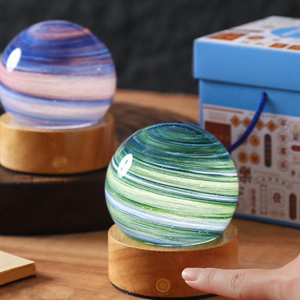 Planet Night Light with Wooden Base Crystal Ball 3 Color Dimmable LED