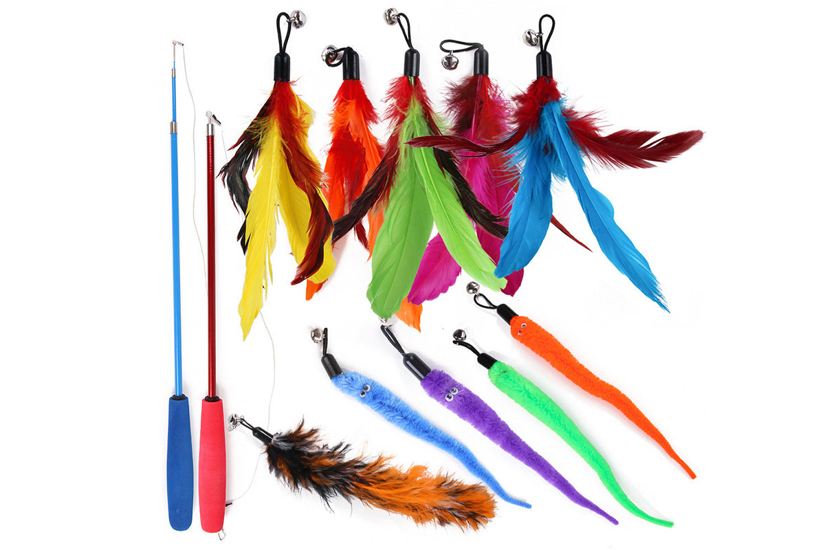 Interactive Cat Toy Set Telescopic Cat Wand with Feather Replacement Pack for Indoor Cat Play