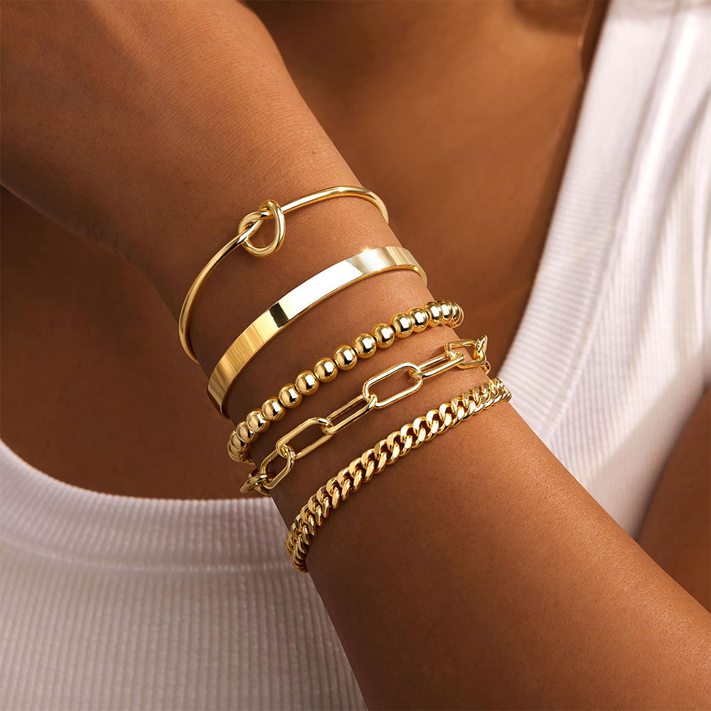 5PCS Gold Multi Layered Bracelets Stackable Gold Bangles Bracelet For Women