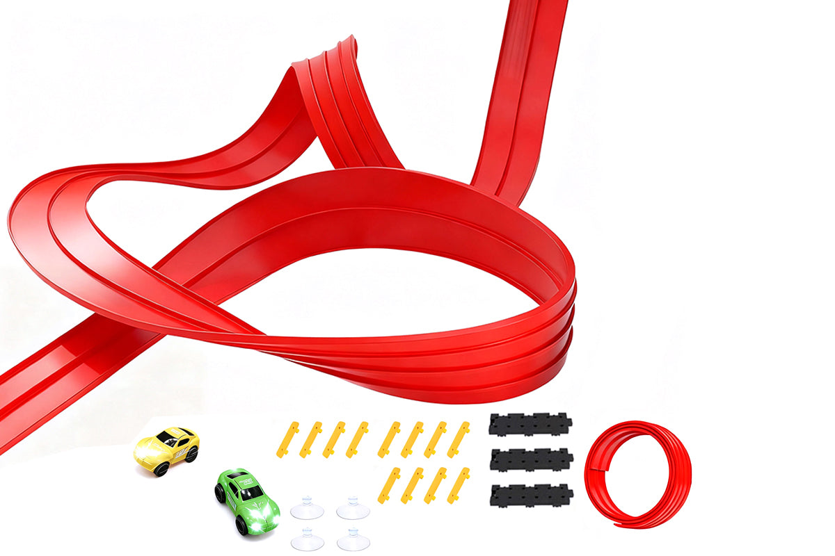 Flexible Race Car Track with Base and 360-Degree Rotating Cars