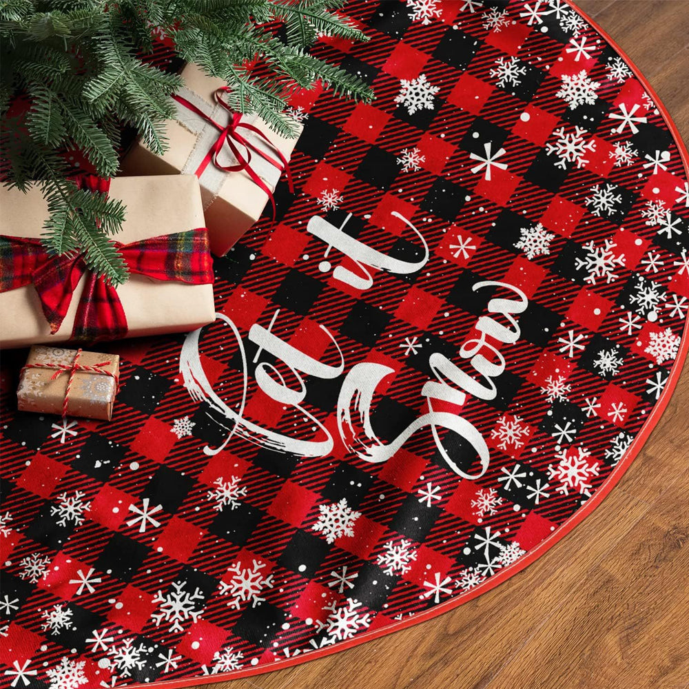 90/122CM Plaid Red-Black Christmas Tree Skirt with White Snowflake-Style 1