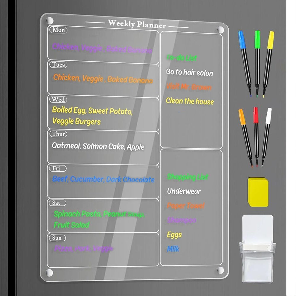 Clear Acrylic Meal Planner Magnetic Menu Board for Fridge with 6 Marker Pens