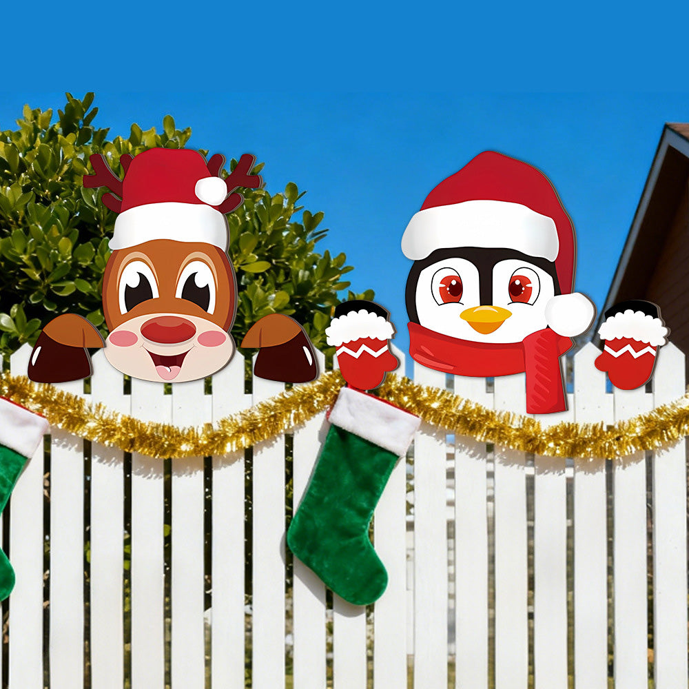 3 Pcs Christmas Fence Peeker Santa Reindeer Penguin Yard Decor
