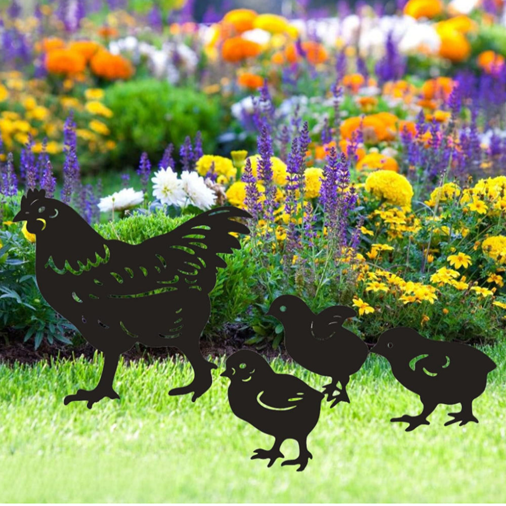 4Pcs Metal Hen and Chicks Silhouette Garden Stakes