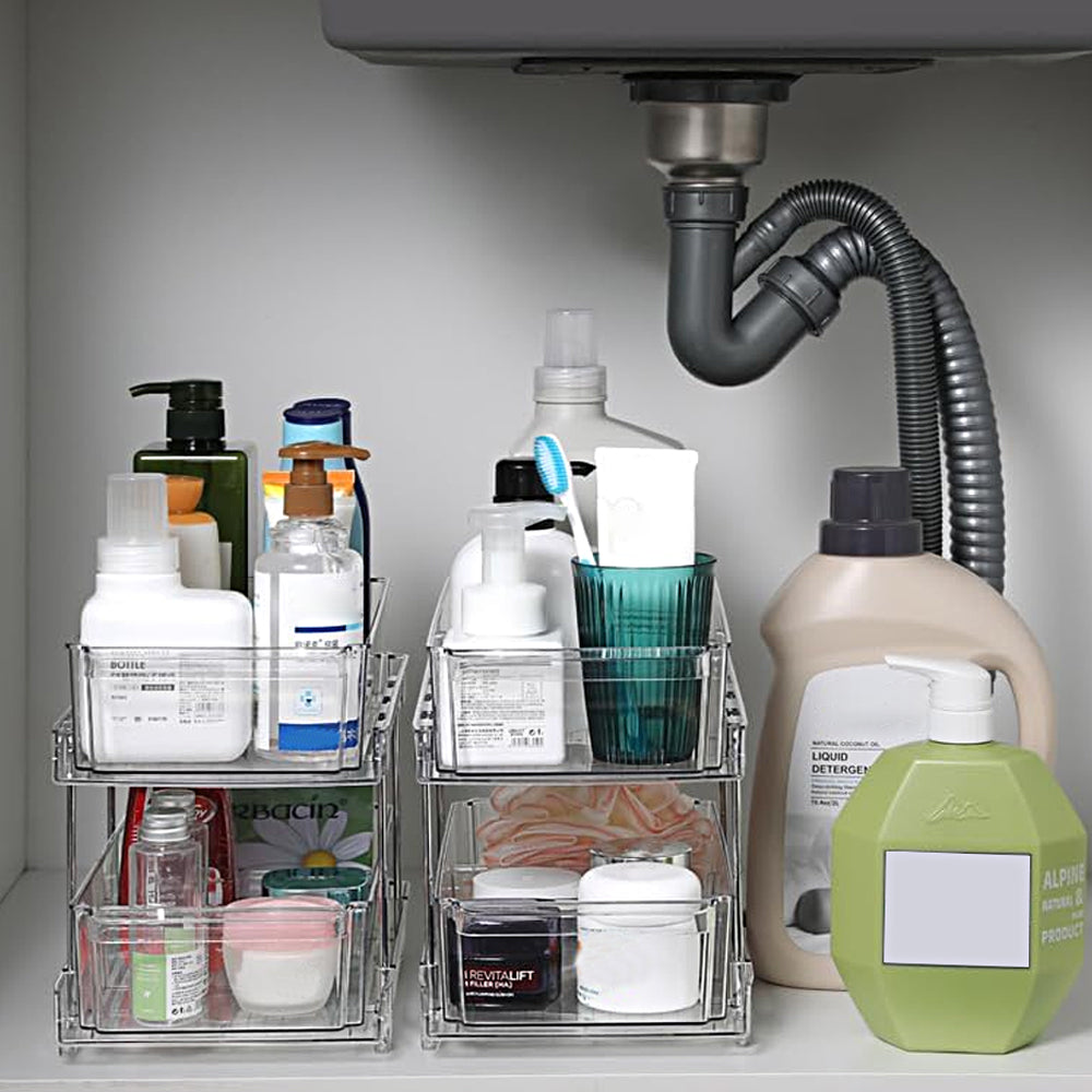 2 Tier Bathroom Storage Organizer with Dividers Makeup Desktop Storage Rack