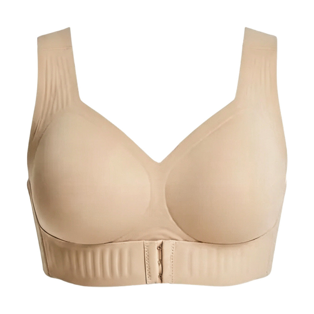 Wireless Front Closure Seamless Full Coverage Cross Back Bra for Women-Beige