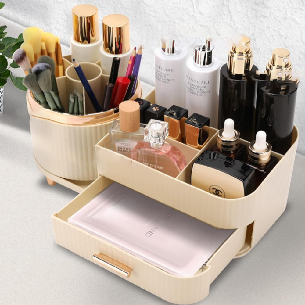 360 Degree Rotating Makeup Organizer for Brush Holder and Drawers