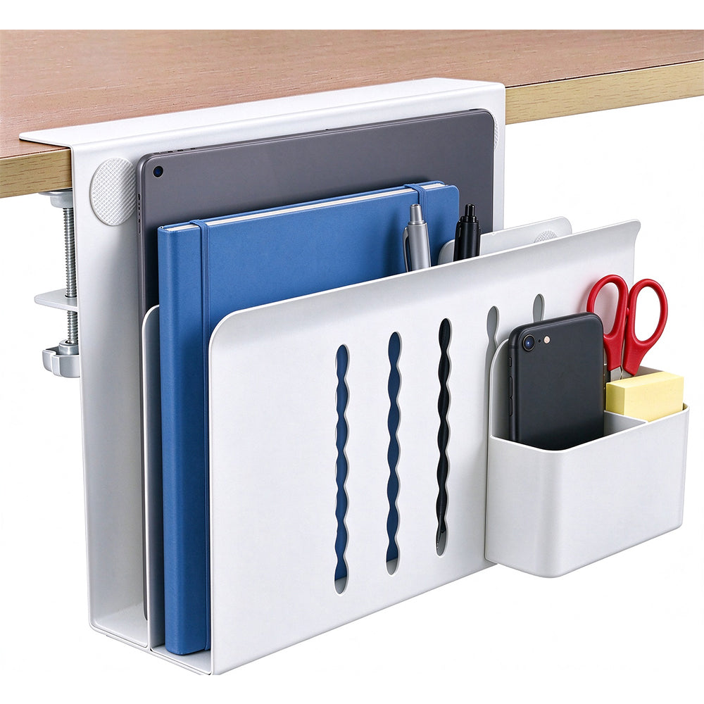 No Drill Dual Slot Carbon Steel Laptop Storage Stand with Pen Holder