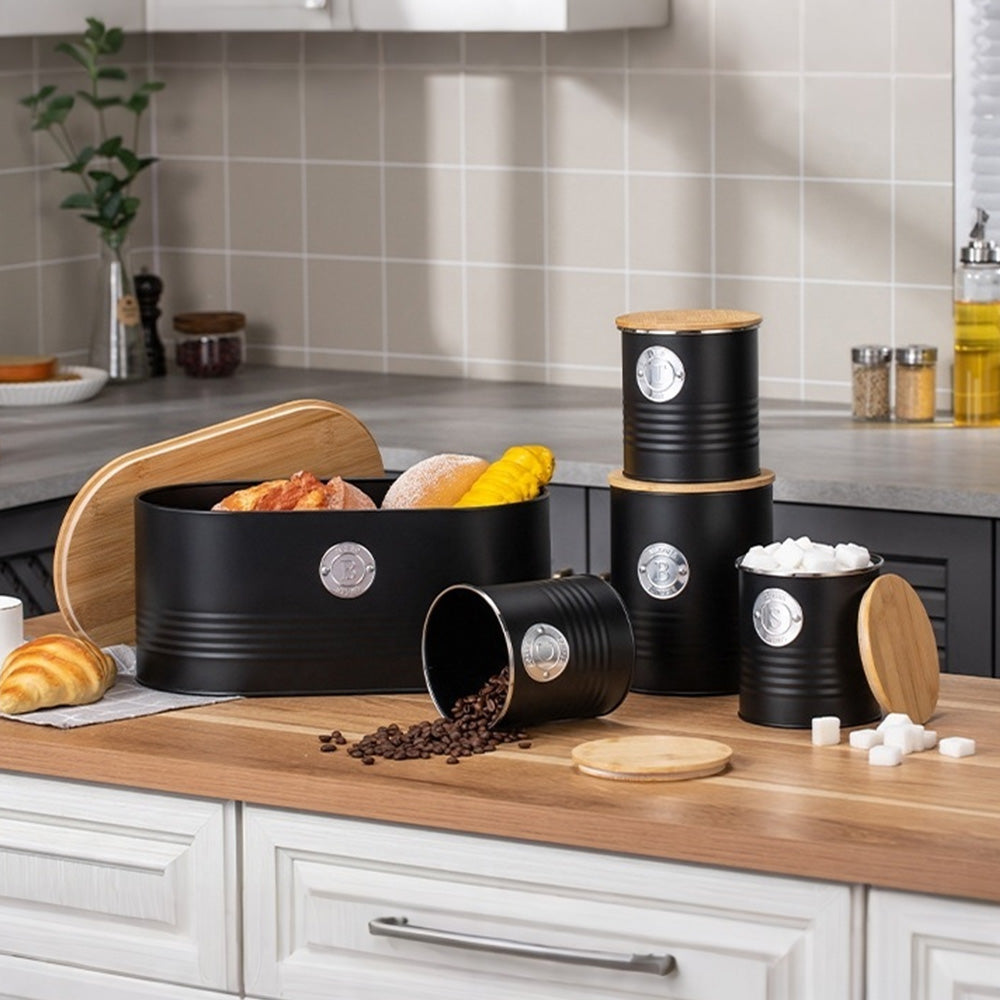 5 Piece Black Bread Bin and Airtight Kitchen Storage Canister Set