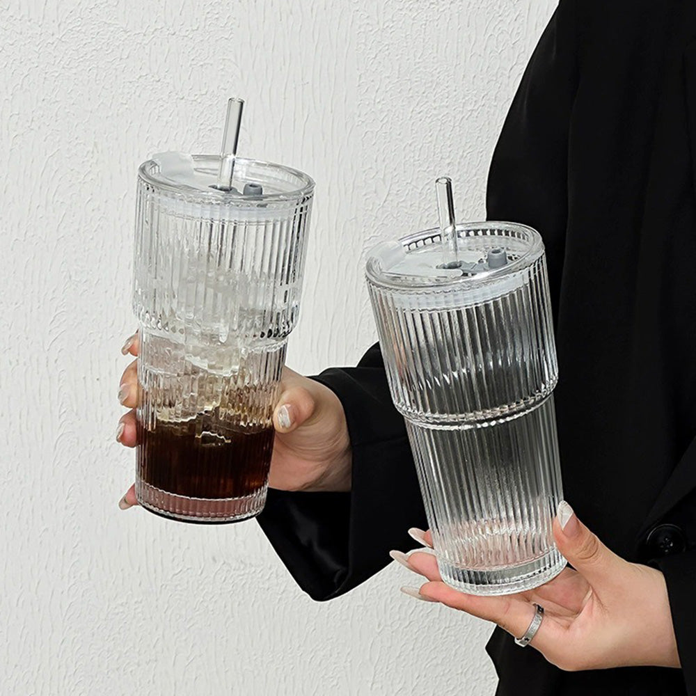 2Pcs Iced Coffee Cups with Lid Ribbed Glass Tumbler with Straw Leak Proof Reusable for To Go