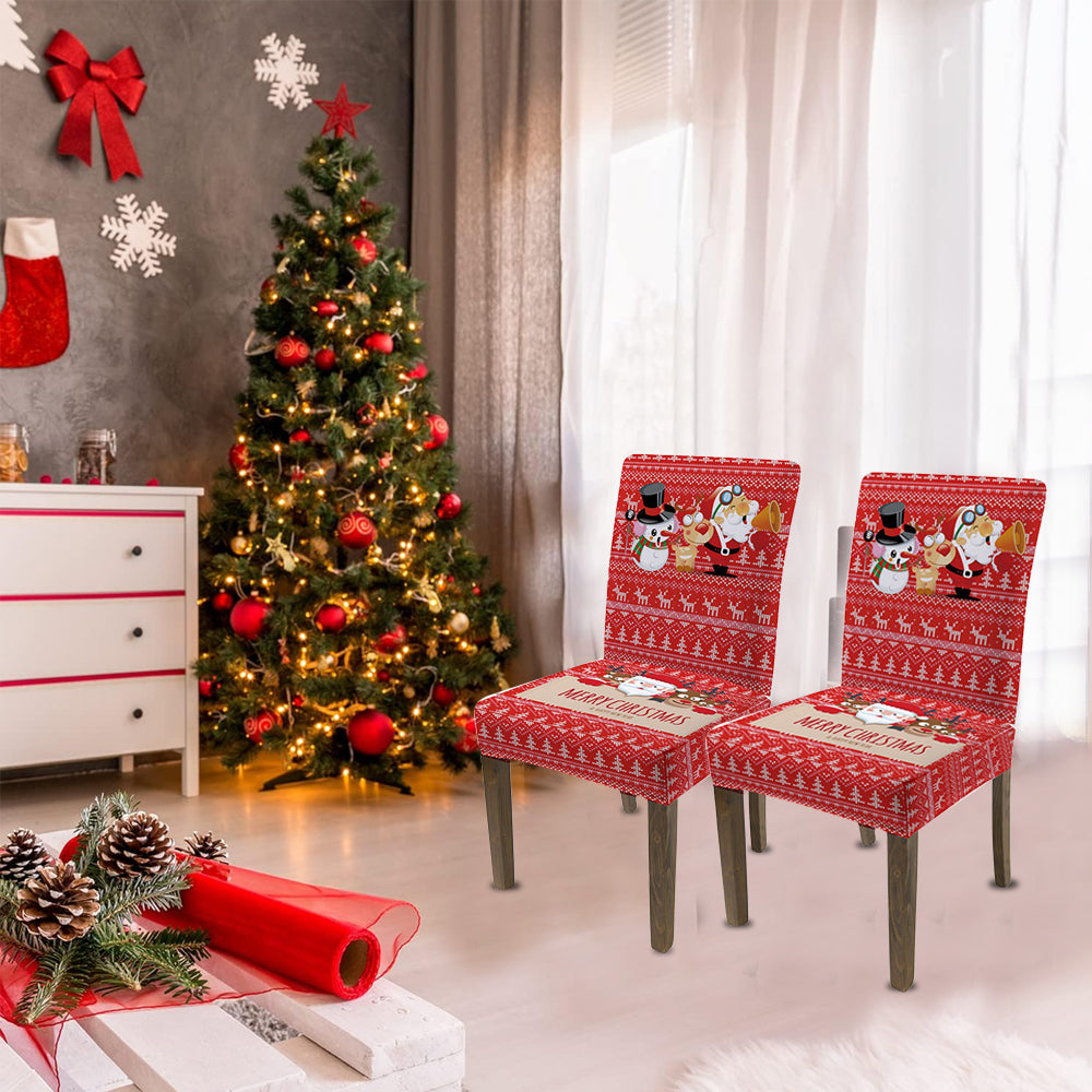 2Pcs One-piece Christmas Stretch Dining Room Chair Protector Cover-Snowman