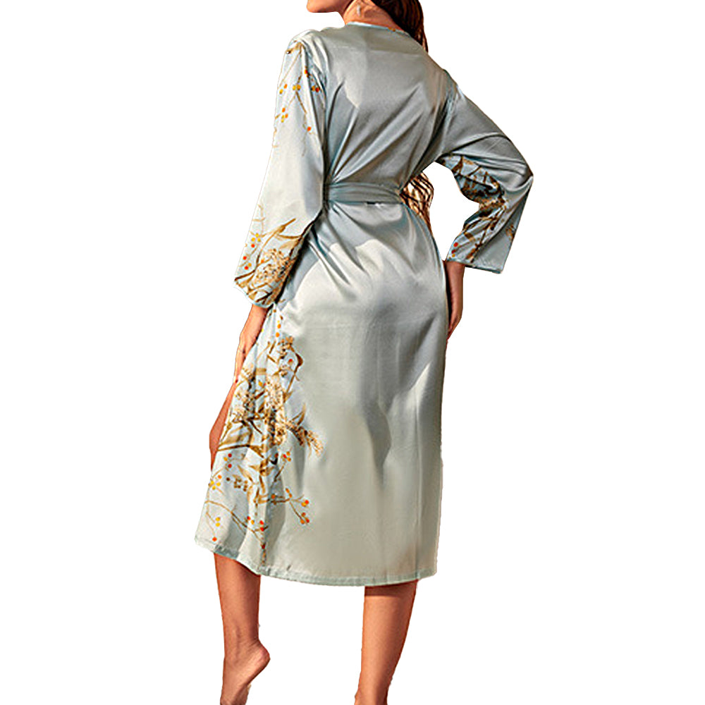 Casual Floral Print Satin Night Robe Long Sleeve V Neck Sleep Robe With Belt