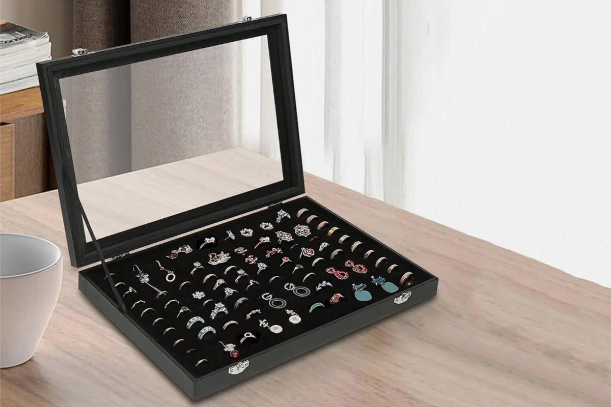 100 Slots Jewelry Ring Display Organizer Box with Glass Lid Earring Storage Tray
