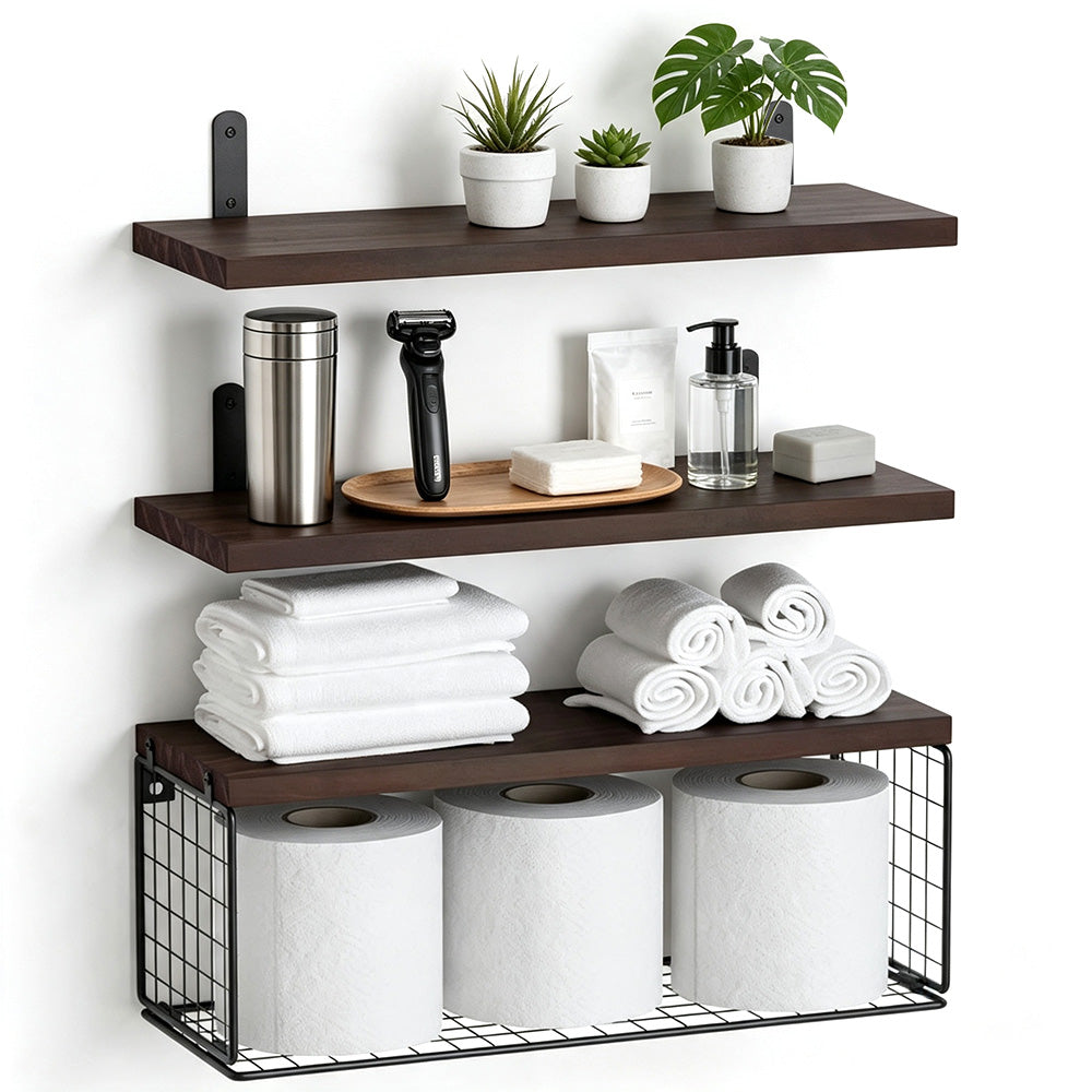 3 Piece Engineered Wood Wall Shelves with Metal Storage Basket