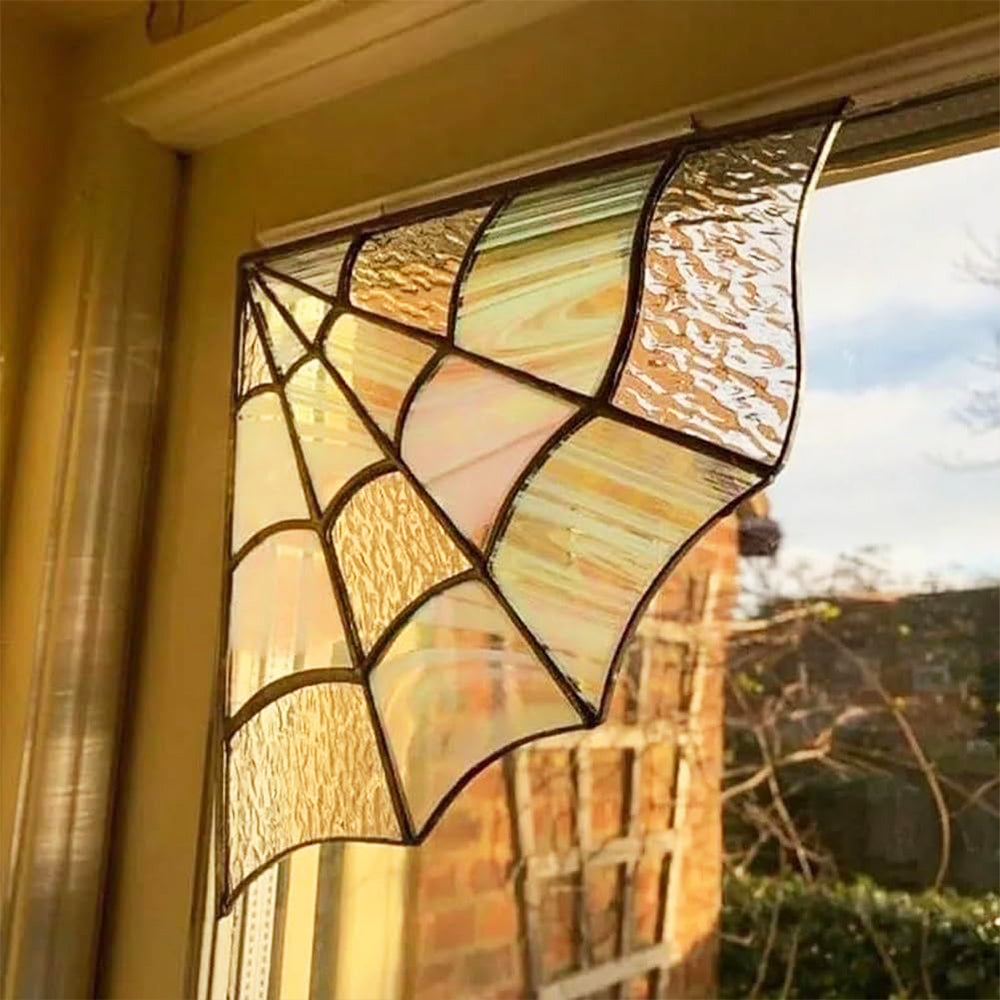 2Pcs Spiderweb Door Topper Door Frame Ornament Spider Web Stained Faux Glass Window Wall Hanging