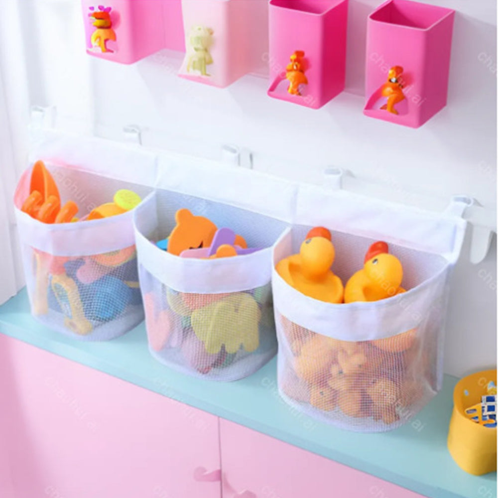 2Pcs 3 Compartment Horizontal Large Openings Bath Toy Organizer Hanging Mesh Shower Organizer
