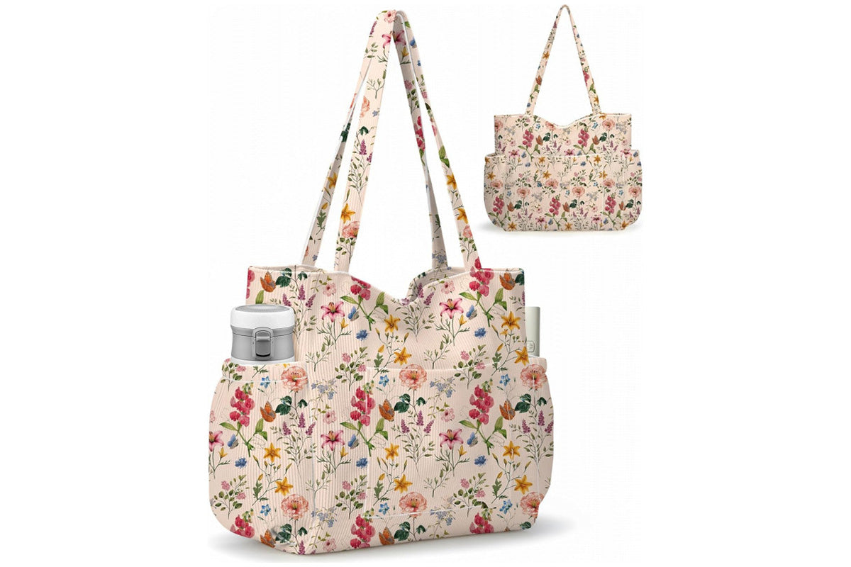 Corduroy Tote Bag with Side Water Bottle Pockets Large Shoulder Bag Casual Handbag